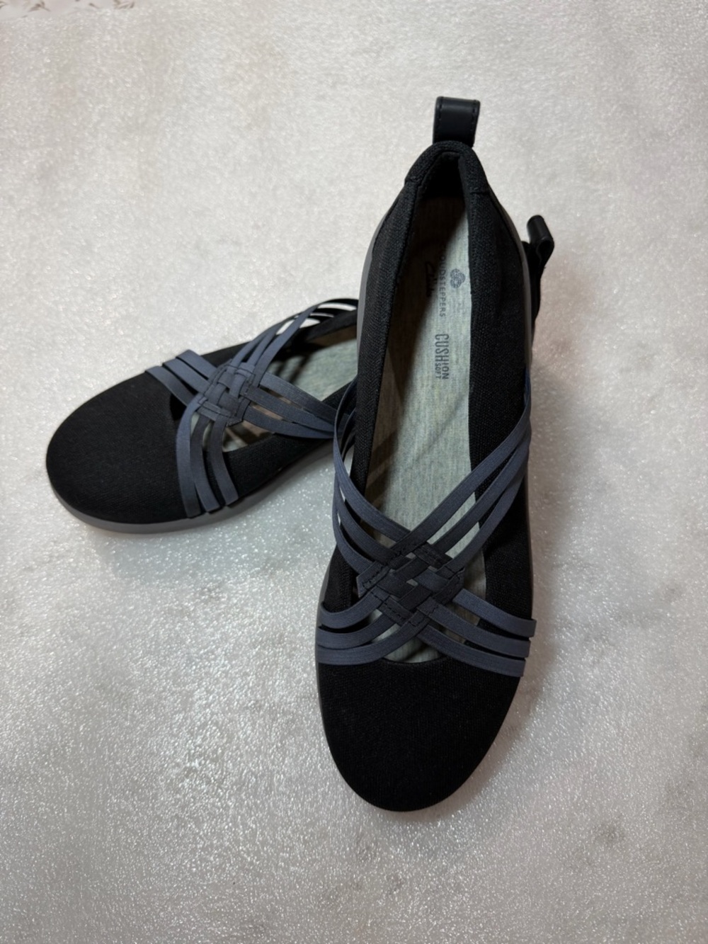 Clarks Black Flats with Gray Woven Straps